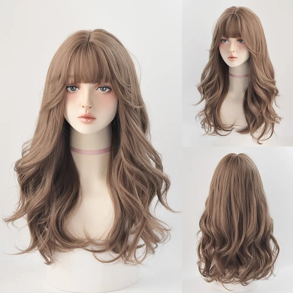 Perruque Longue Bouclée Brun Noir Rose pour Femme - 44