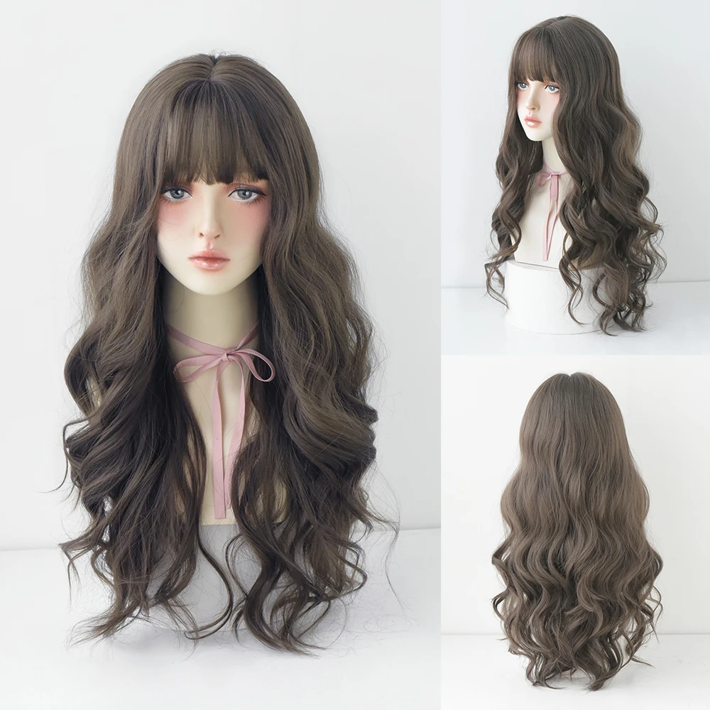 Perruque Longue Bouclée Brun Noir Rose pour Femme - 30