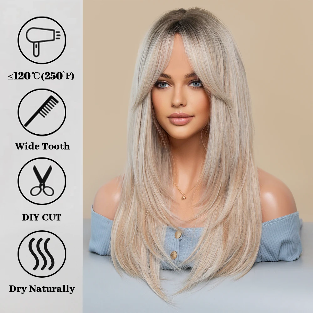 Perruque Longue Blonde Ondulée avec Frange pour Femme - 3