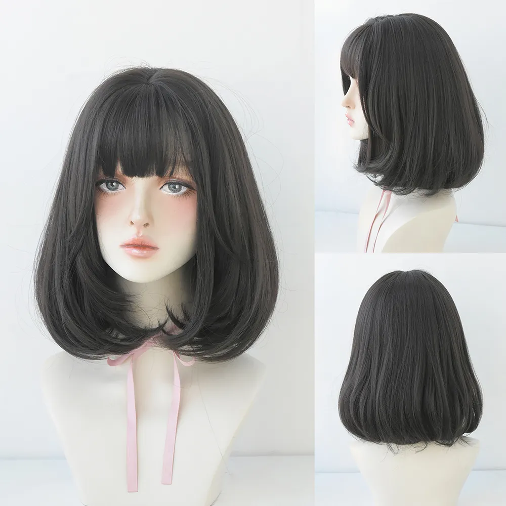 Perruque Courte Bob Droite Marron et Rose - 6