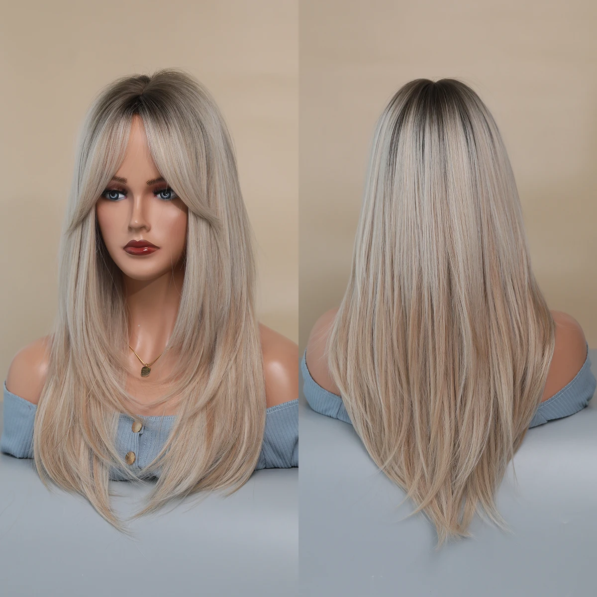 Perruque Blonde Longue Ondulée avec Frange pour Femme - 15
