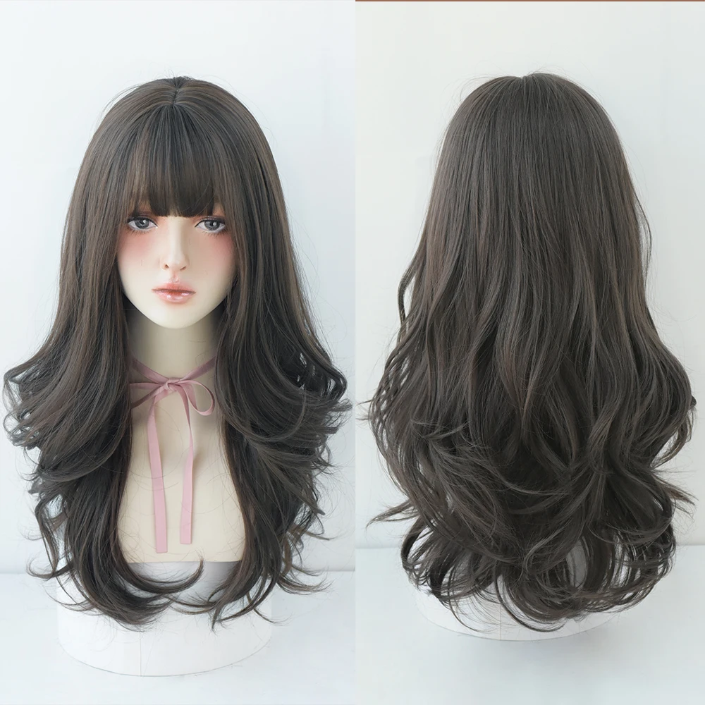 Perruque Longue Bouclée Brun Noir Rose pour Femme - 34