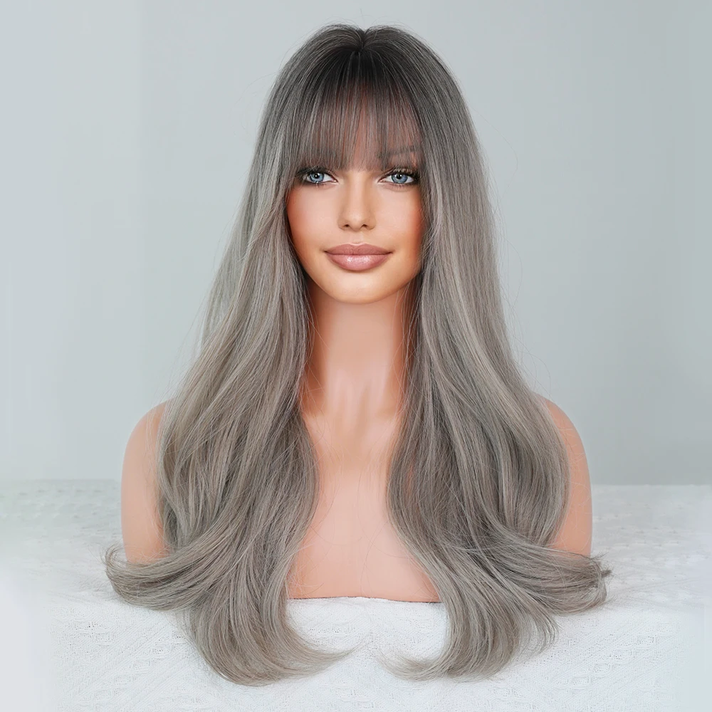 Perruque Longue Ondulée Gris Beige Ombré pour Femme - 3