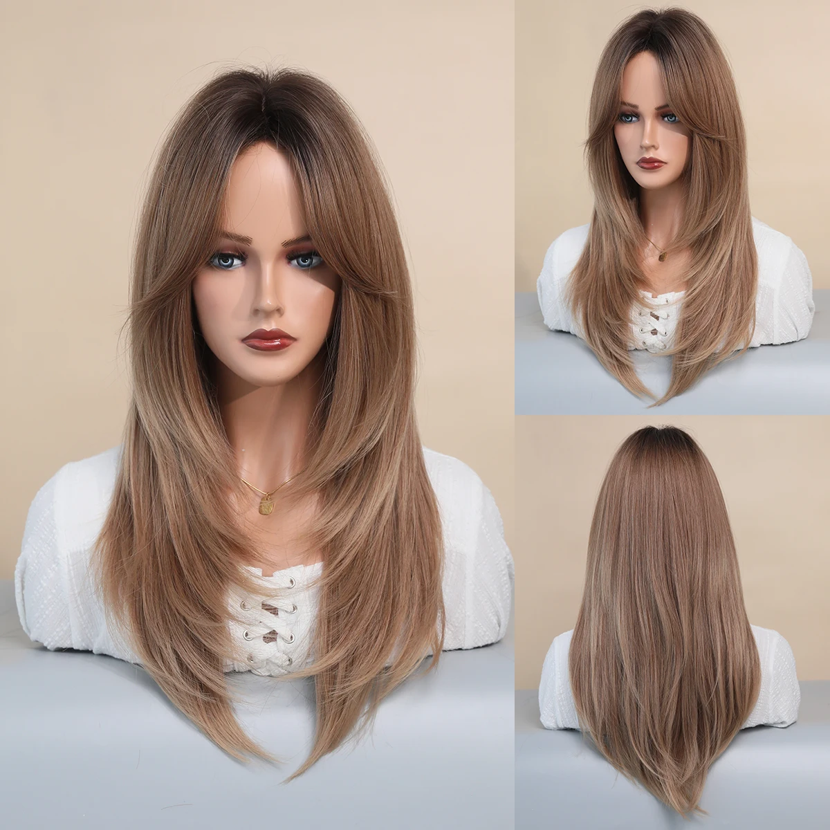 Perruque Longue Blonde Ondulée avec Frange pour Femme - 8