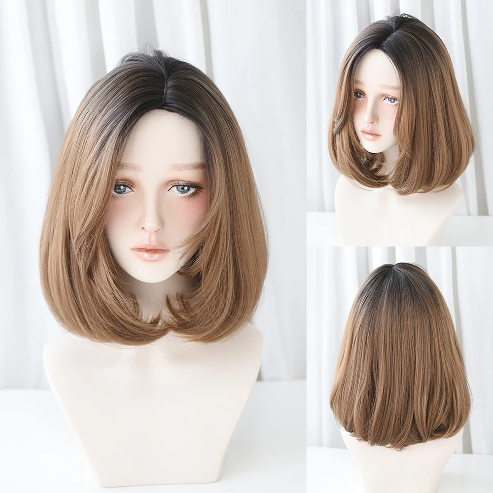 Perruque Courte Bob Droite Marron et Rose - 19