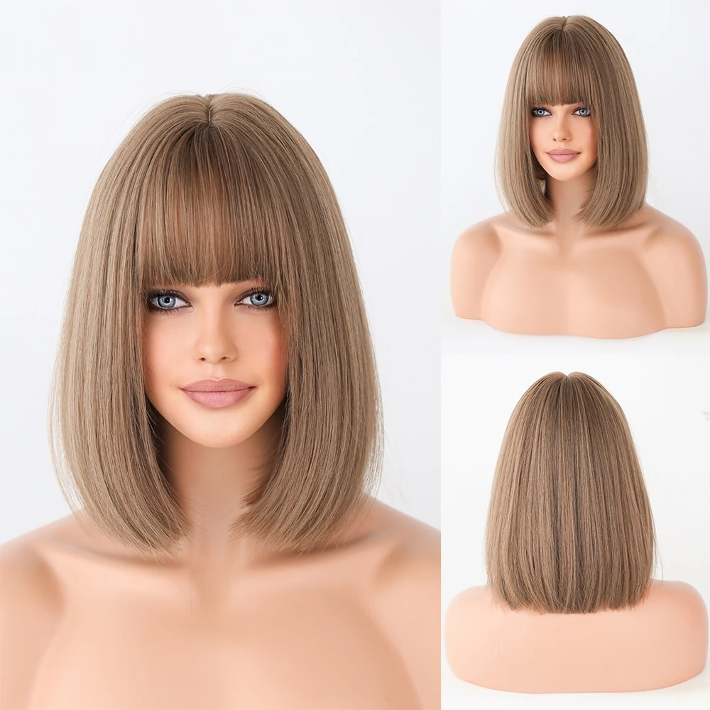 Perruque Courte Droite Beige et Noire pour Femme - 12