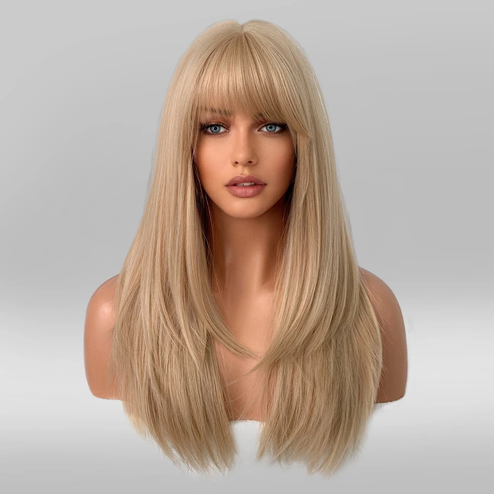 Perruque Longue Blonde Ondulée avec Frange pour Femme - 11