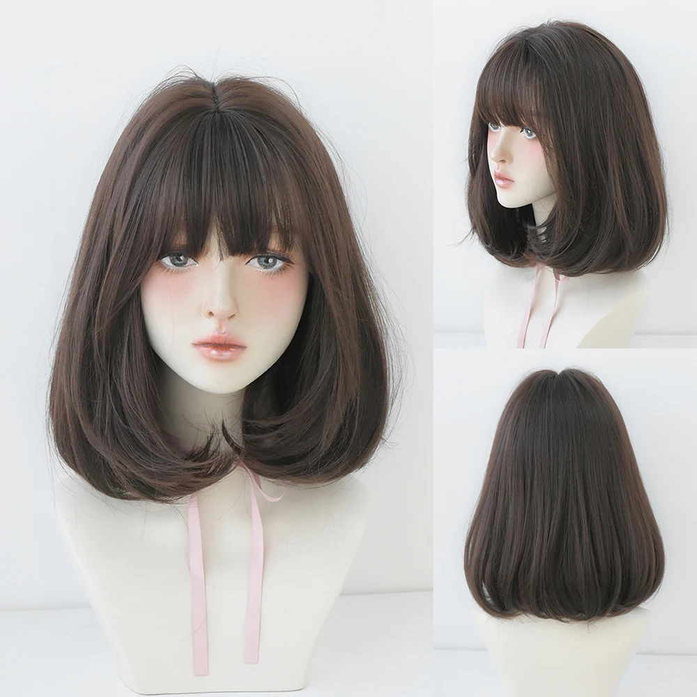 Perruque Courte Bob Droite Marron et Rose - 9