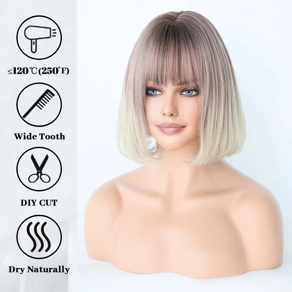 Perruque Courte Bob Ombre Blond et Brun Rose - 3