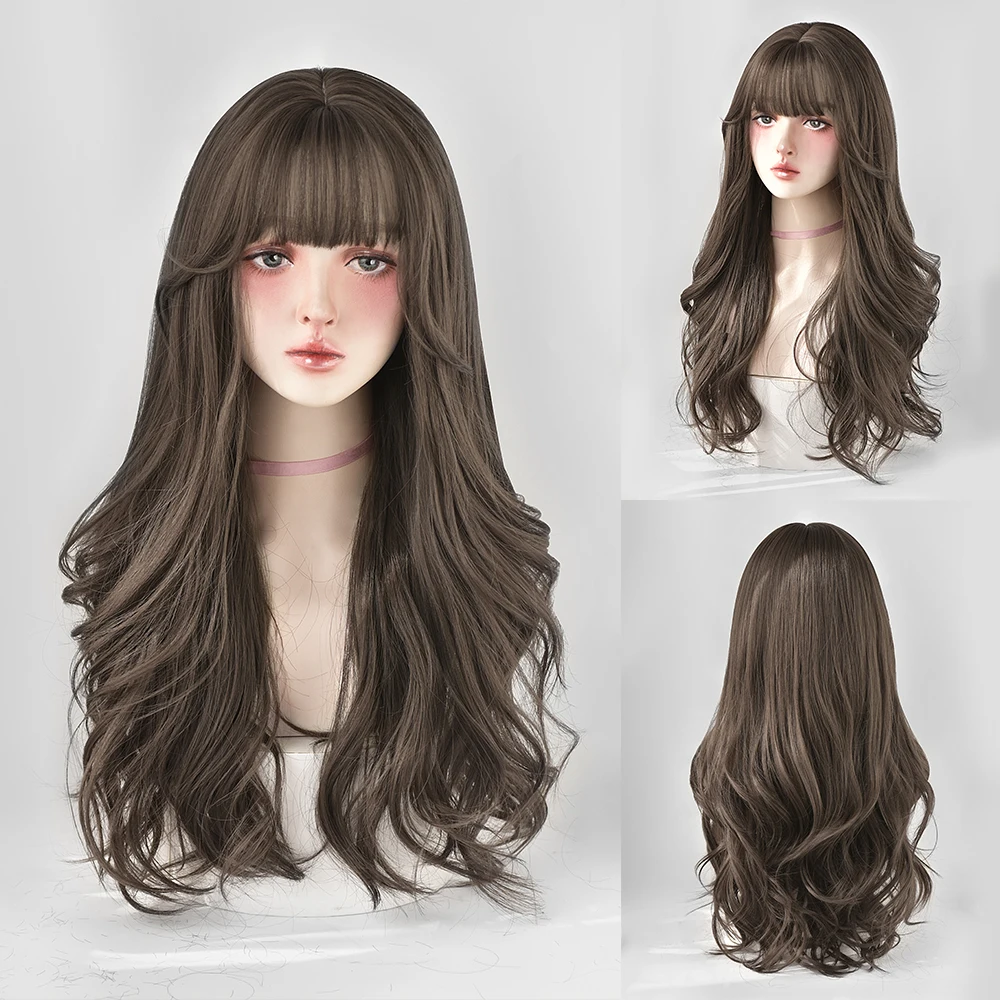 Perruque Longue Bouclée Brun Noir Rose pour Femme - 45