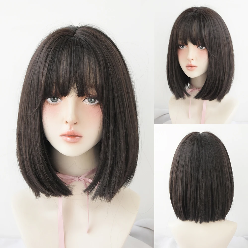 Perruque Courte Bob Droite Marron et Rose - 14