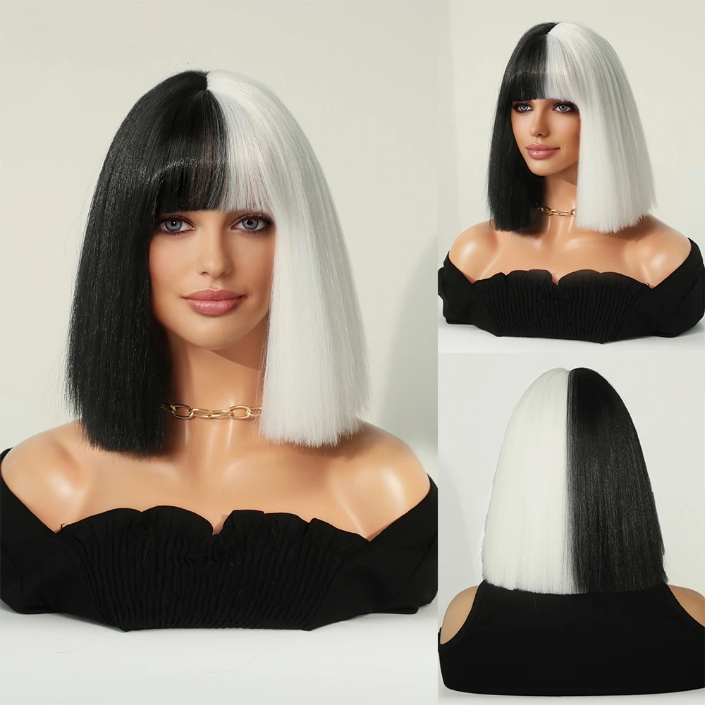 Perruque Courte Noire et Blanche pour Femme avec Frange - 7