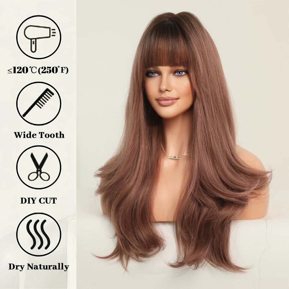 Perruque Longue Droite Rose Ombrée Marron pour Femme - 4