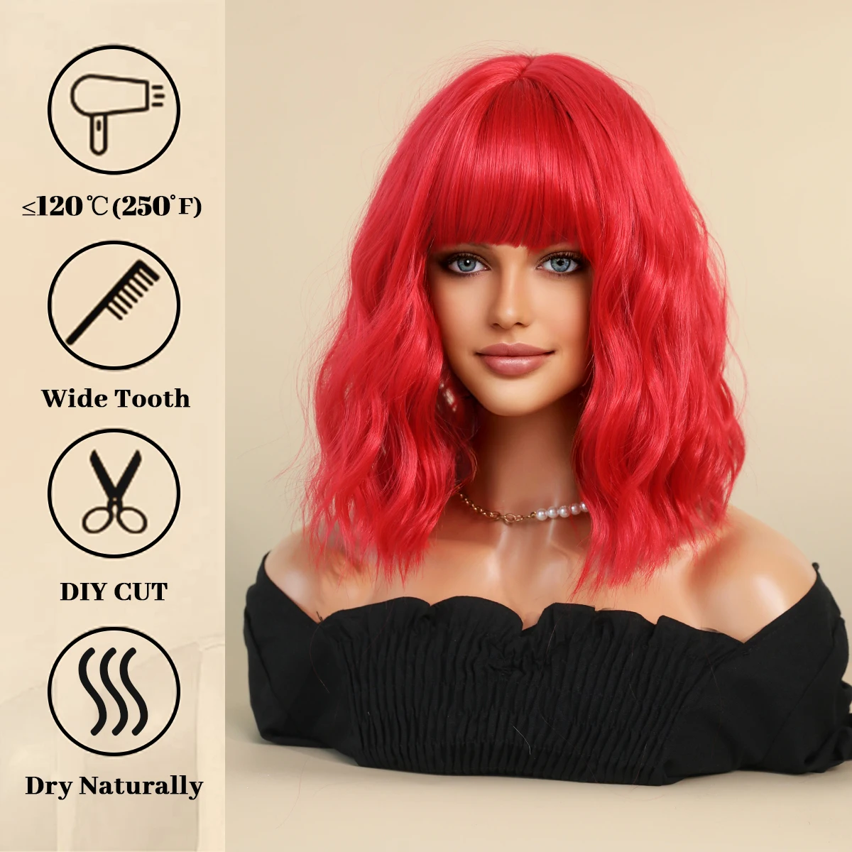 Perruque Rouge Feu Courte Ondulée pour Femmes et Filles - 3