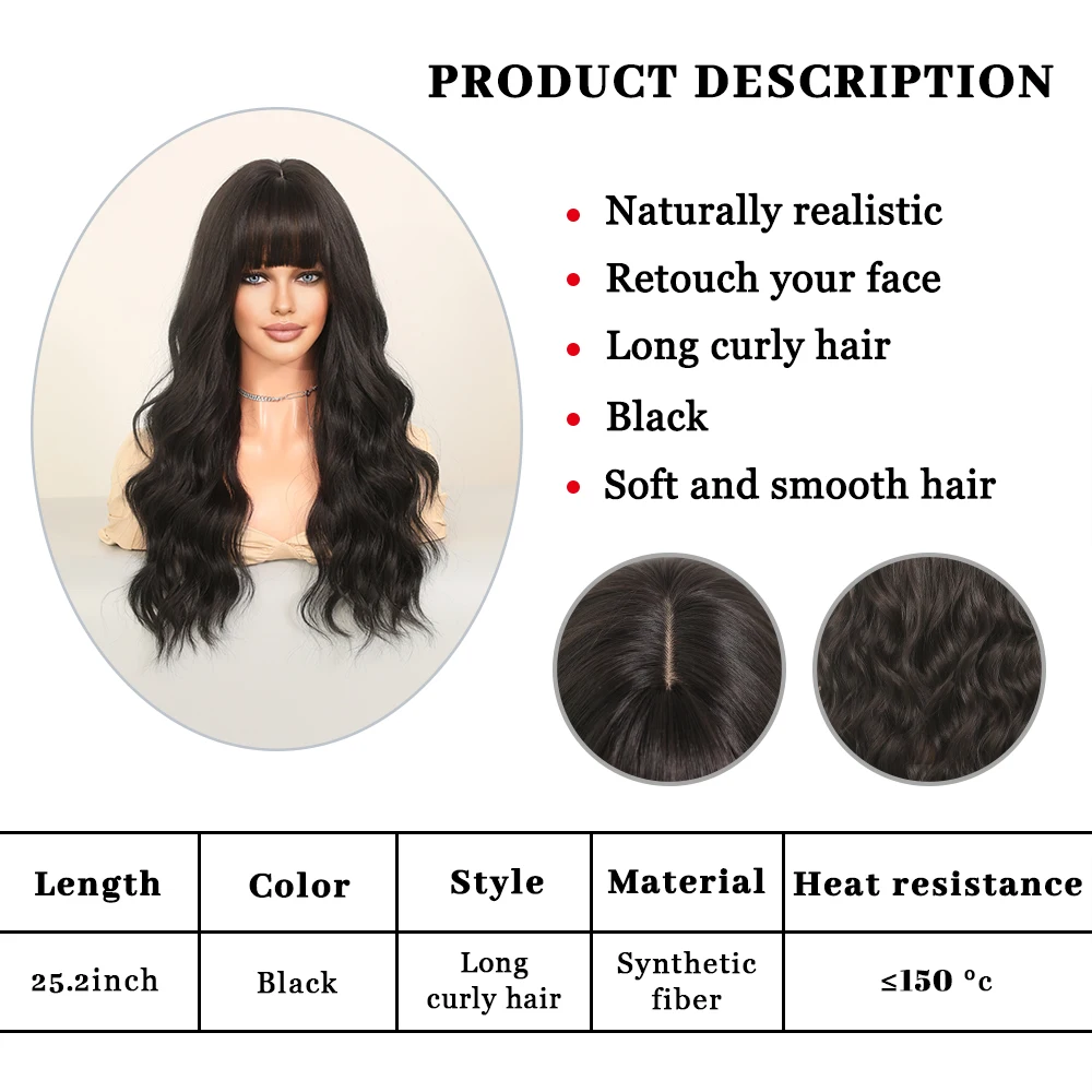 Perruque Noire Naturelle Longue Ondulée pour Femme - 5
