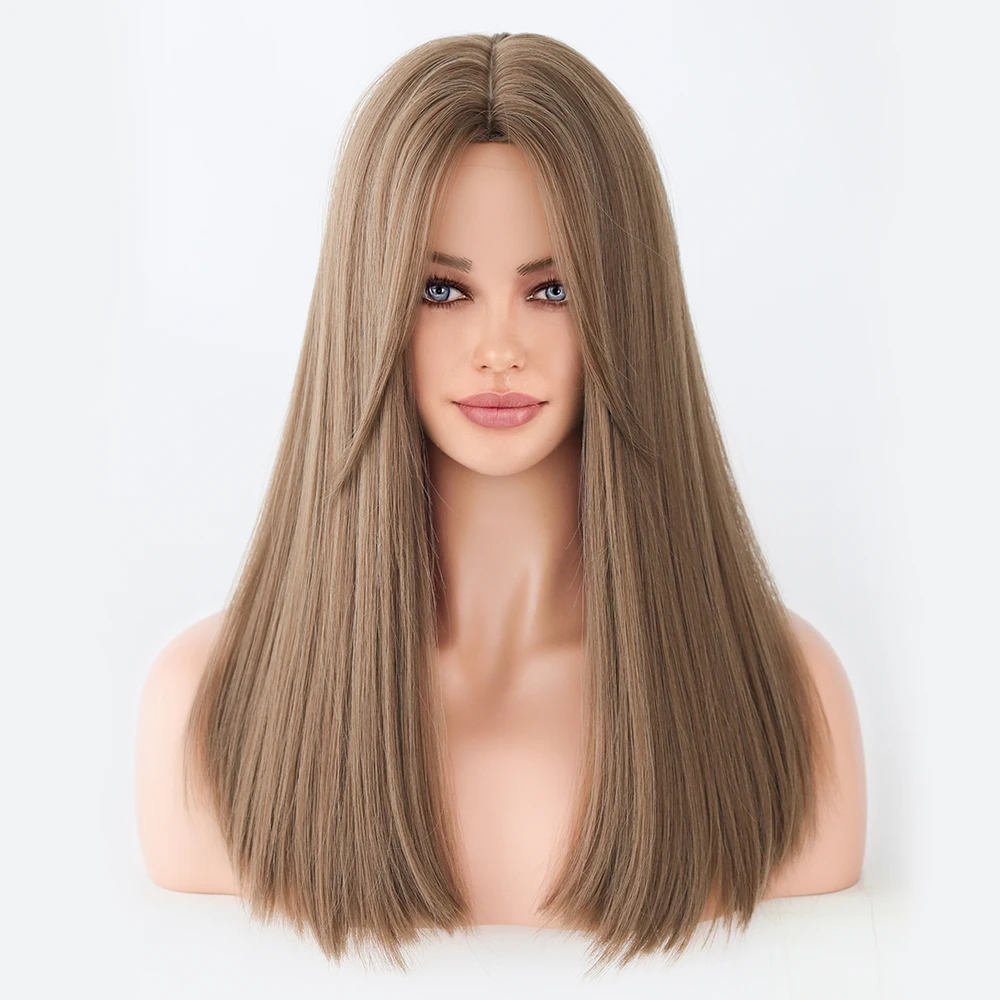 Perruque Ondulée Ombrée Marron et Blonde avec Frange pour Femme - 7