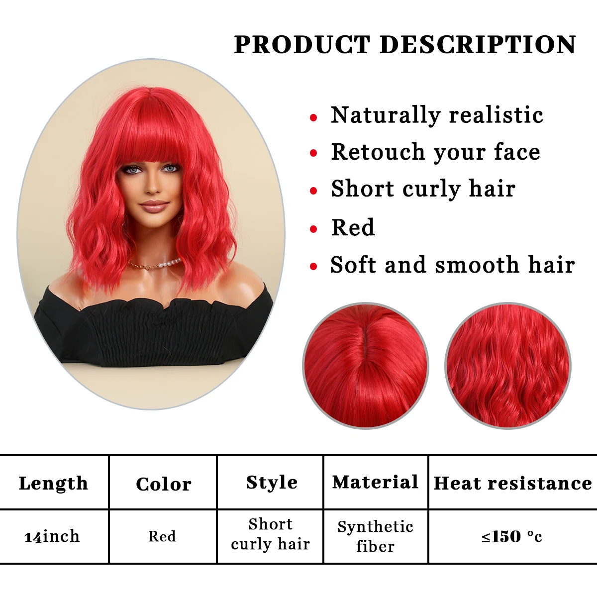 Perruque Rouge Feu Courte Ondulée pour Femmes et Filles - 4