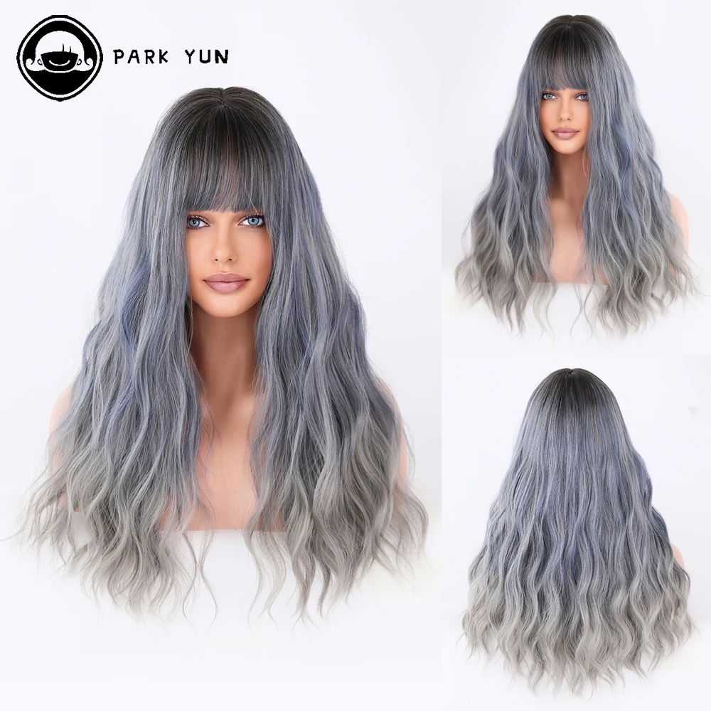 Perruque Longue Bouclée Bleu-Gris pour Femme