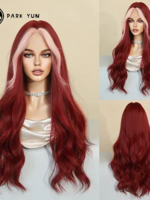 Perruque Rouge Vin Ondulée Longue avec Frange Rose Perruque Rouge Vin Ondulée Longue avec Frange Rose