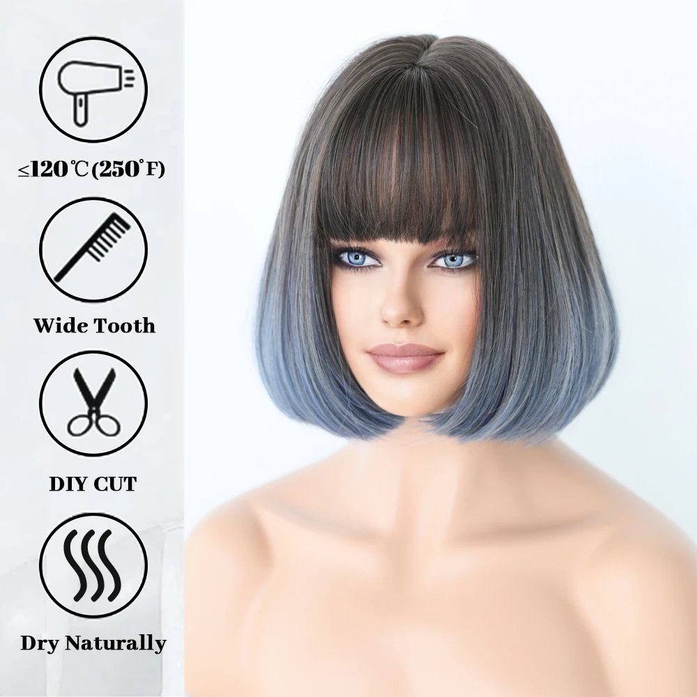 Perruque Courte Bob Bleu Grisâtre Ombré Marron avec Frange pour Femme - 3