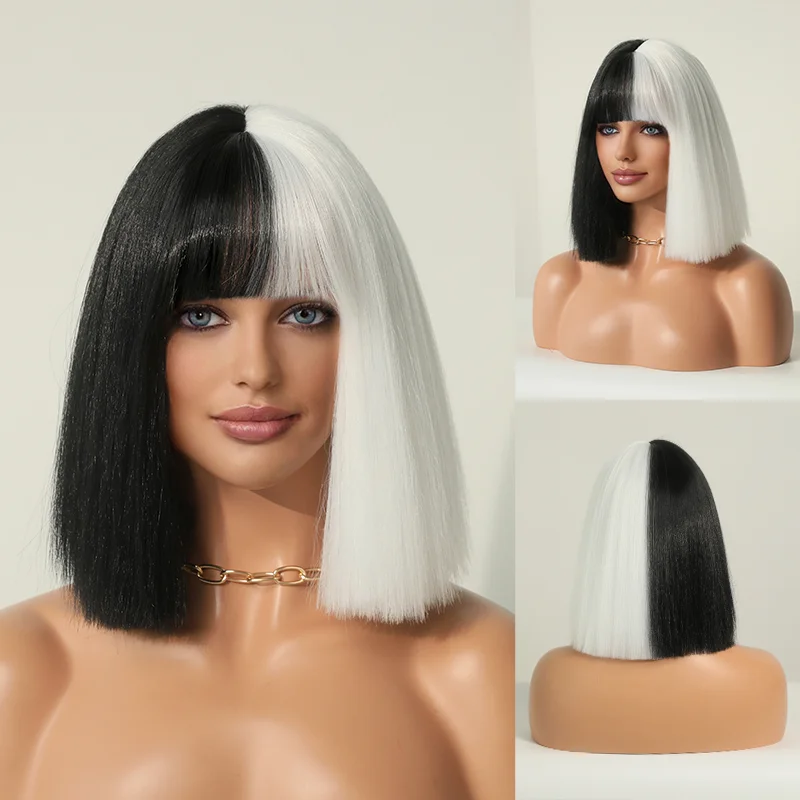 Perruque Bob Courte Ondulée Noir et Blanc pour Femme - 6