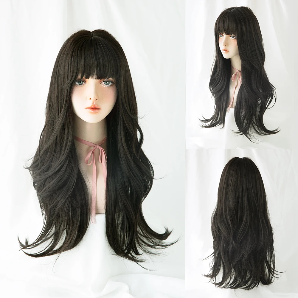 Perruque Longue Bouclée Brun Noir Rose pour Femme - 6