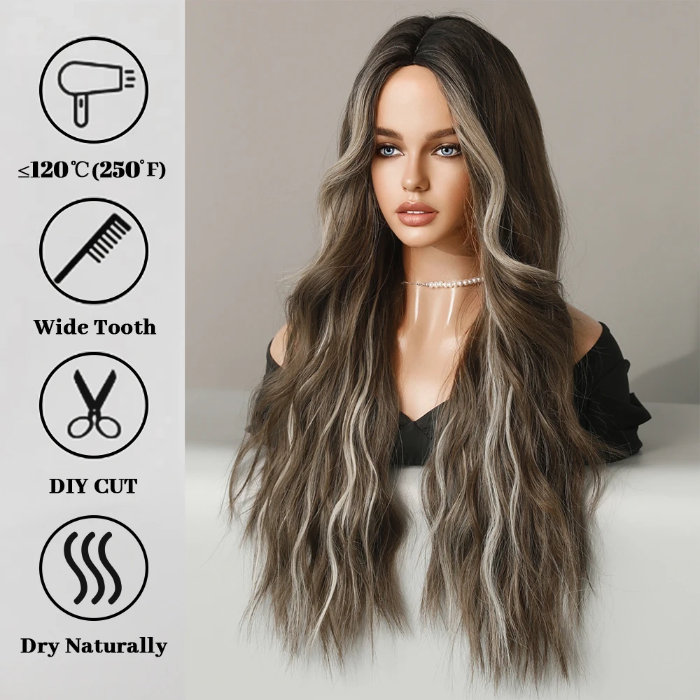 Perruque Ondulée Longue Ombrée Marron et Beige pour Femme - 3