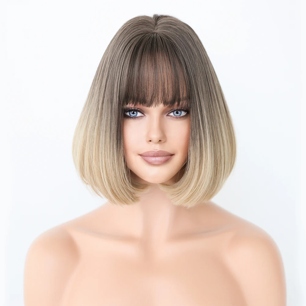 Perruque Courte Bob Bleu Grisâtre Ombré Marron avec Frange pour Femme - 6
