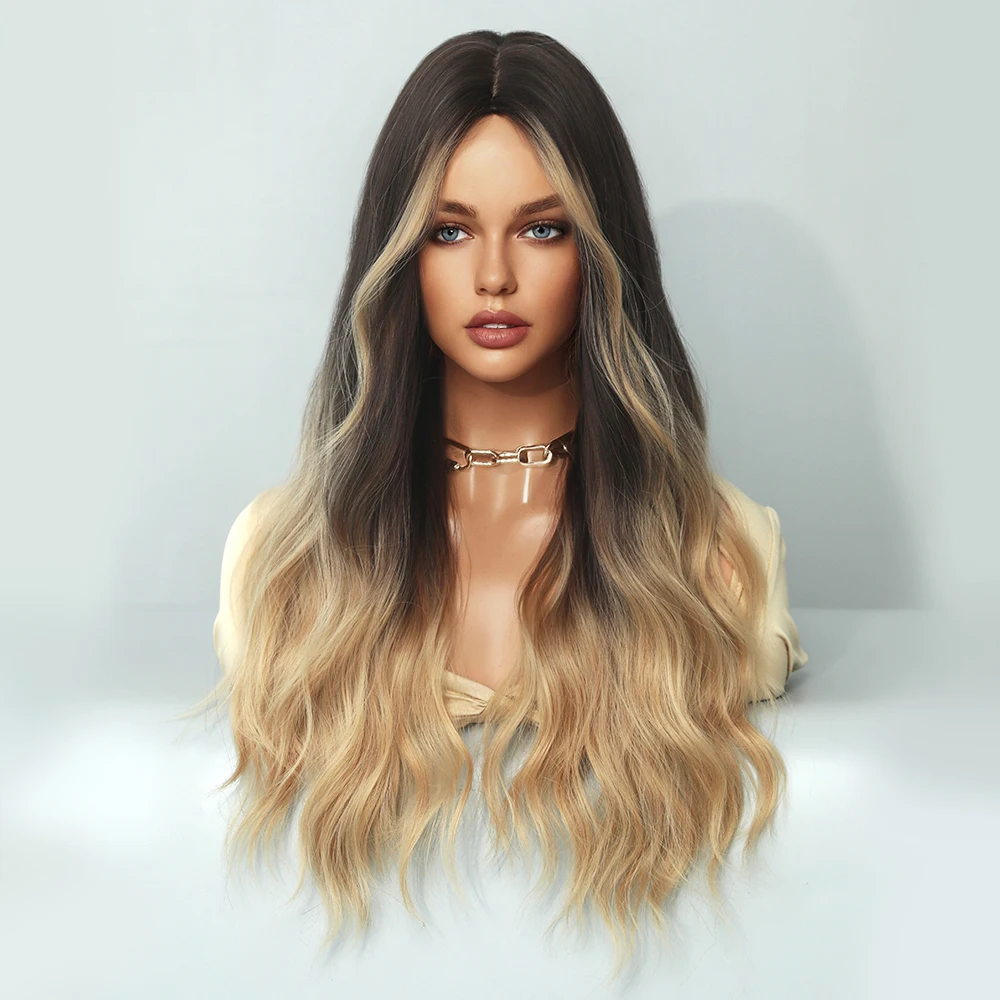 Perruque Ondulée Longue Ombrée Marron et Beige pour Femme - 7