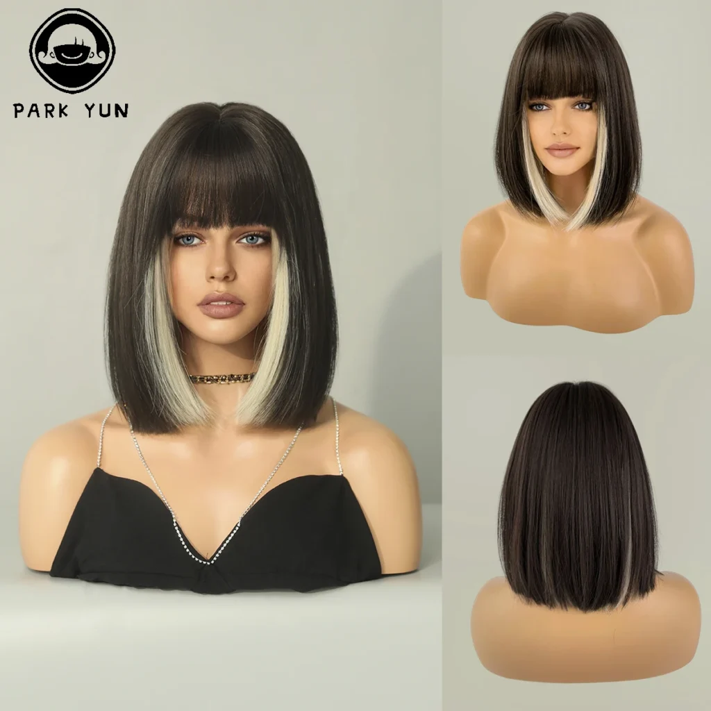 Perruque Courte Noire et Blonde Synthétique