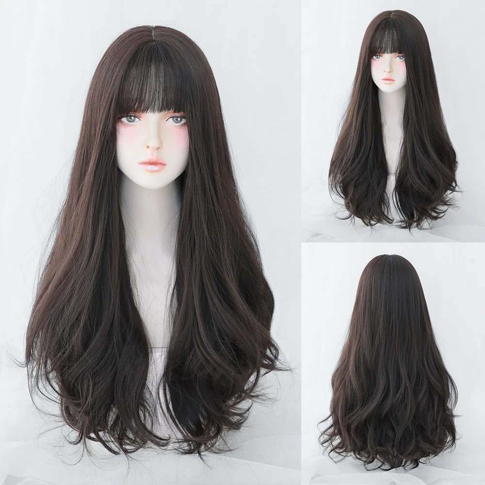 Perruque Longue Bouclée Brun Noir Rose pour Femme - 17