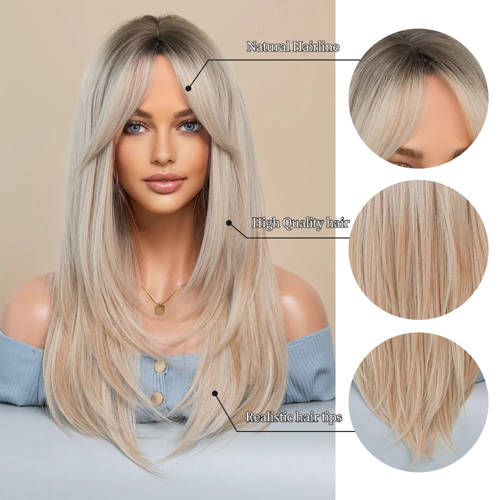 Perruque Longue Blonde Ondulée avec Frange pour Femme - 4