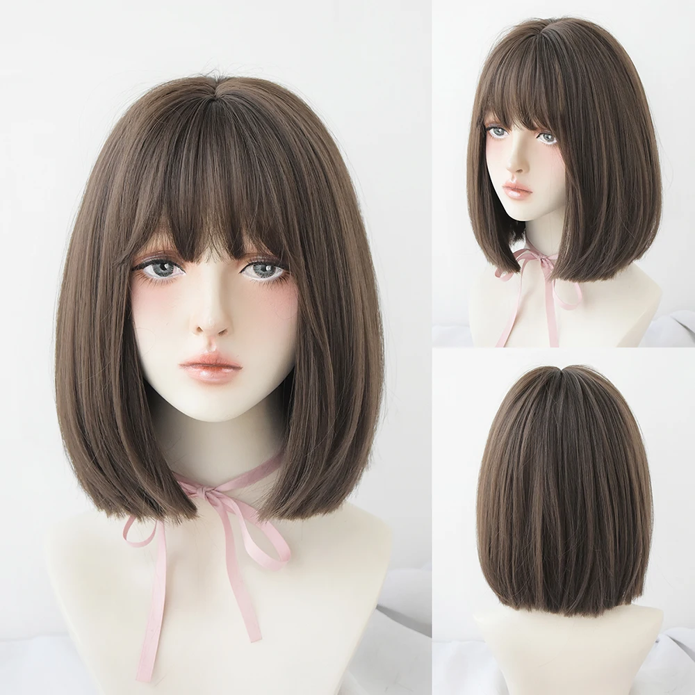 Perruque Courte Bob Droite Marron et Rose - 16