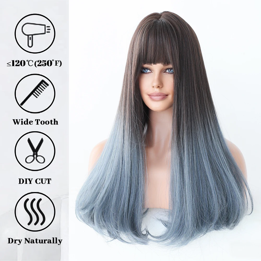 Perruque Longue Droite Ombrée Marron et Bleu pour Femme - 3