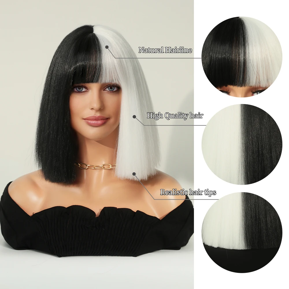 Perruque Courte Noire et Blanche pour Femme avec Frange - 4