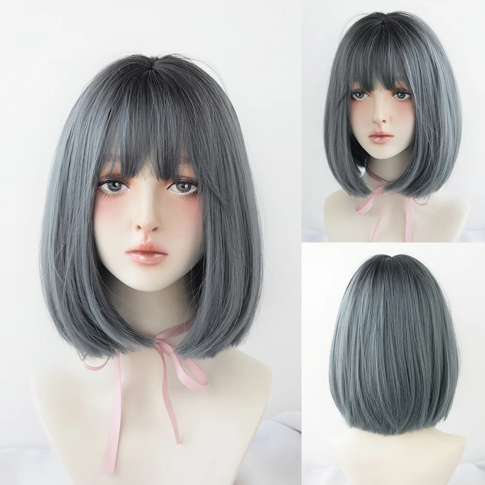 Perruque Courte Bob Droite Marron et Rose - 15