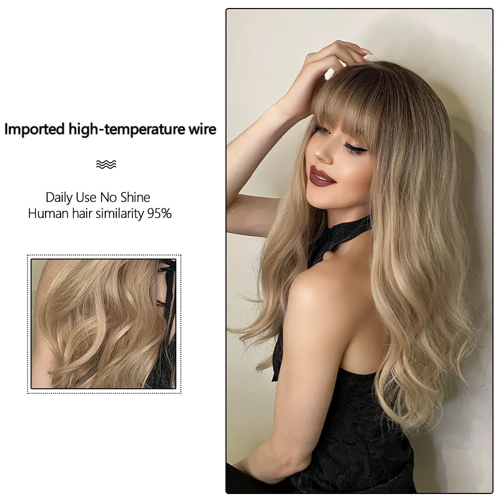 Perruque Blonde Longue Ondulée Naturelle avec Frange - 3