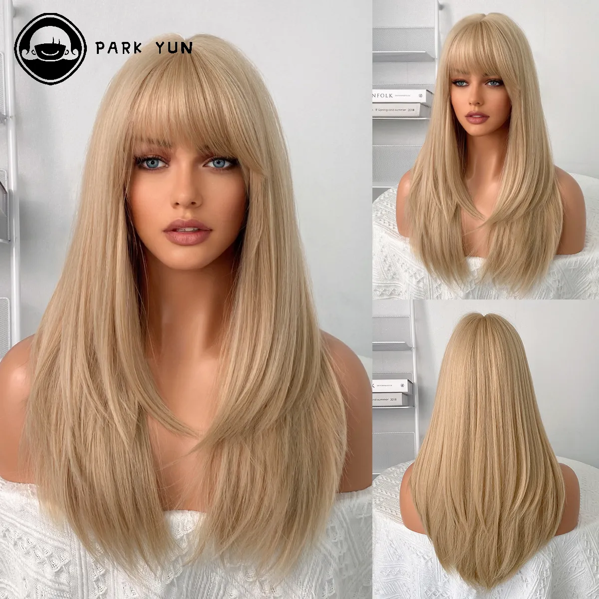 Perruque Blonde Longue Ondulée avec Frange pour Femme