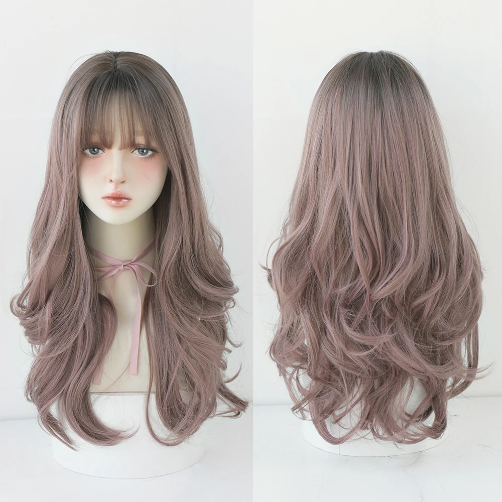 Perruque Longue Bouclée Brun Noir Rose pour Femme - 32