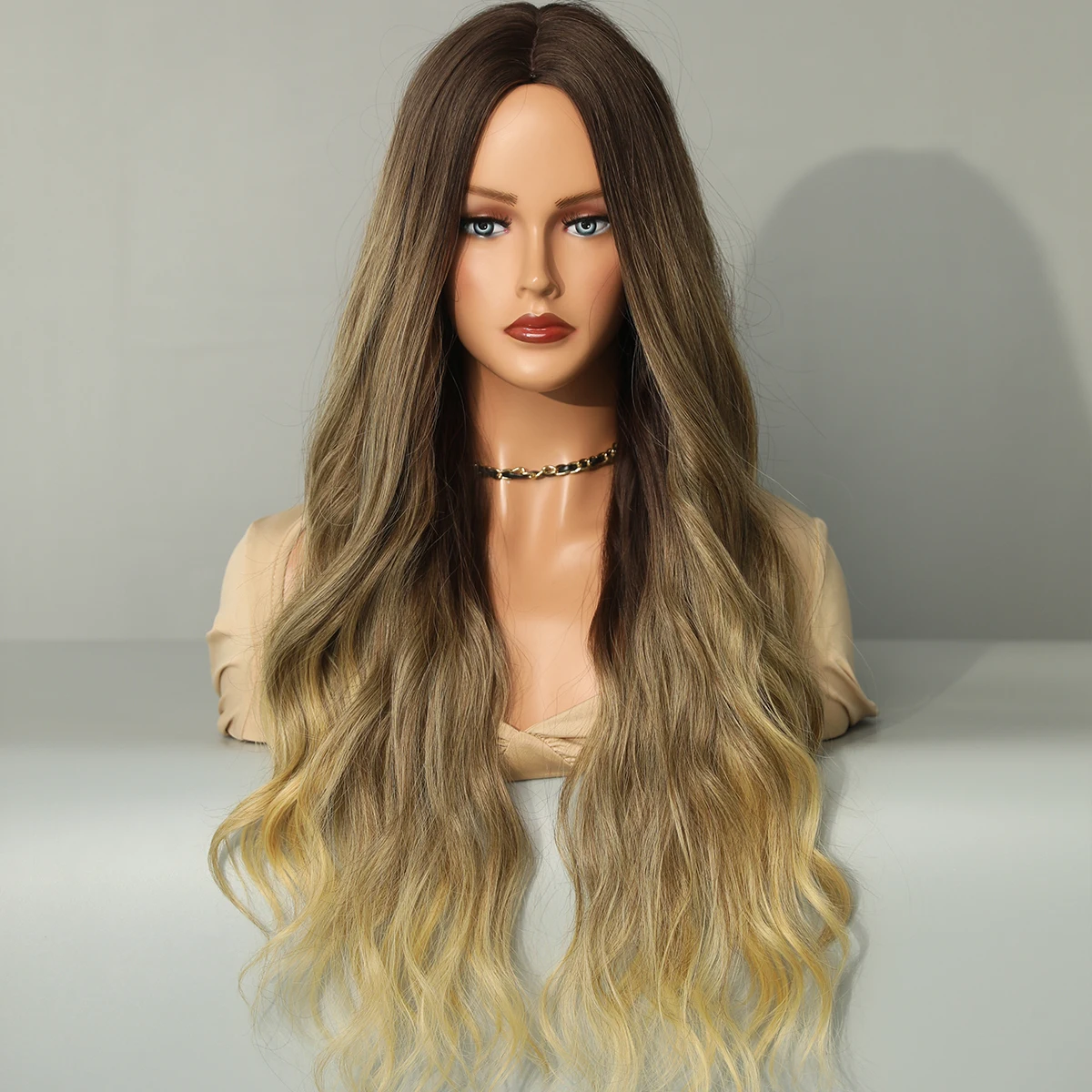 Perruque Ondulée Longue Ombrée Marron et Beige pour Femme - 9