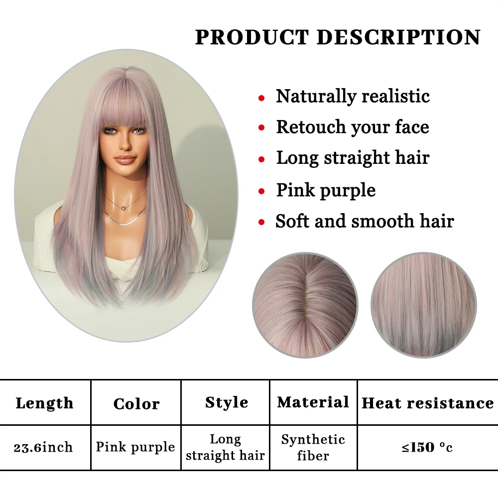 Perruque Longue Droite Rose Violet pour Femme - 4