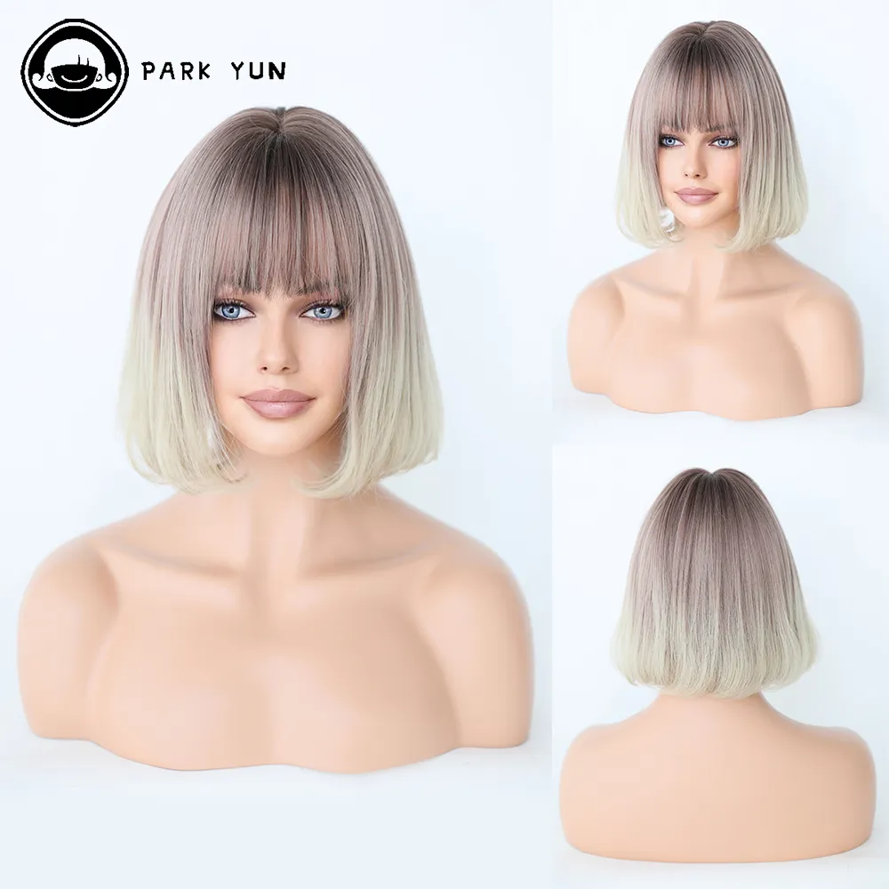 Perruque Courte Bob Ombre Blond et Brun Rose