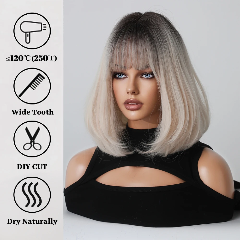 Perruque Courte Droite Beige et Noire pour Femme - 3