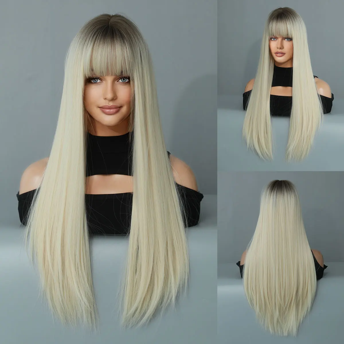 Perruque Blonde Longue Ondulée avec Frange pour Femme - 17