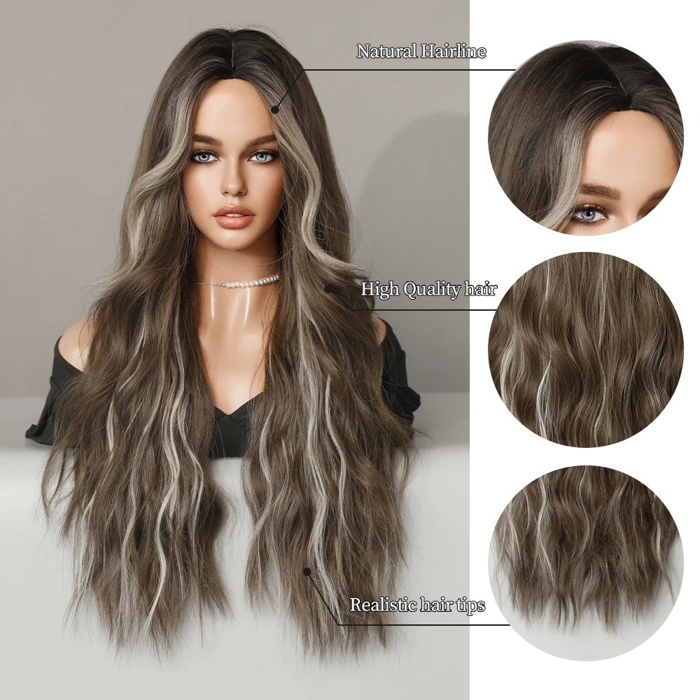 Perruque Ondulée Longue Ombrée Marron et Beige pour Femme - 4