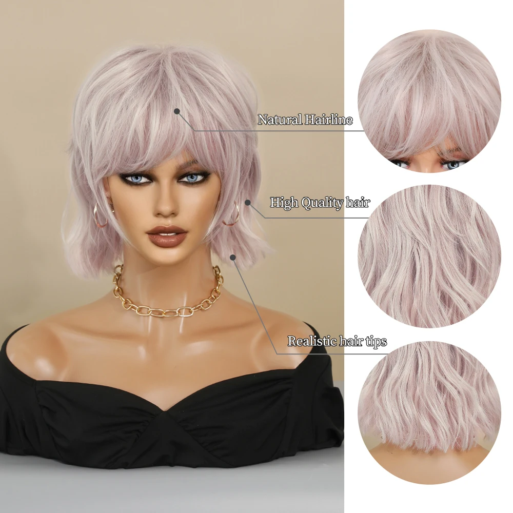 Perruque Courte Argent Rose pour Femmes - 4