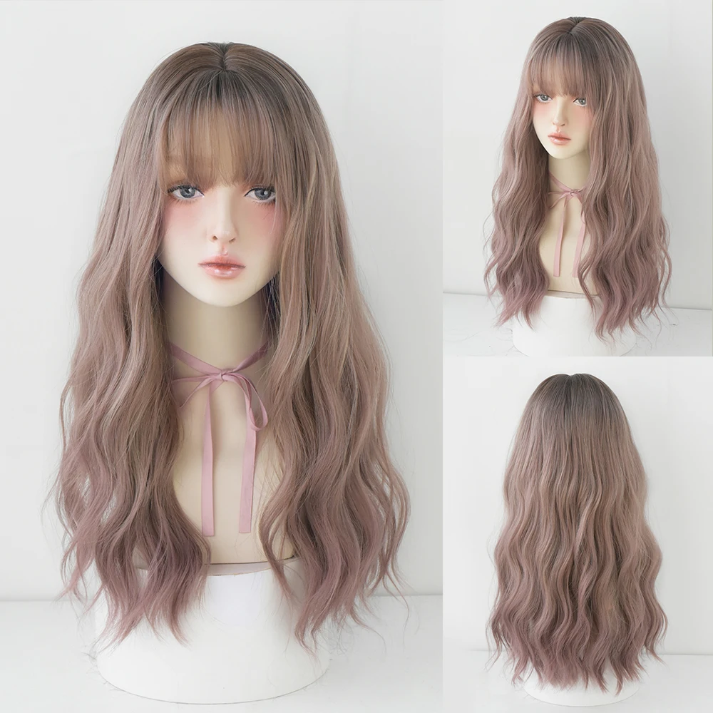 Perruque Longue Bouclée Brun Noir Rose pour Femme - 39