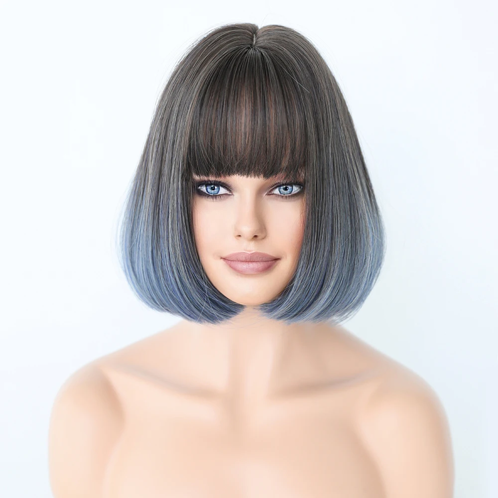 Perruque Courte Bob Bleu Grisâtre Ombré Marron avec Frange pour Femme - 4