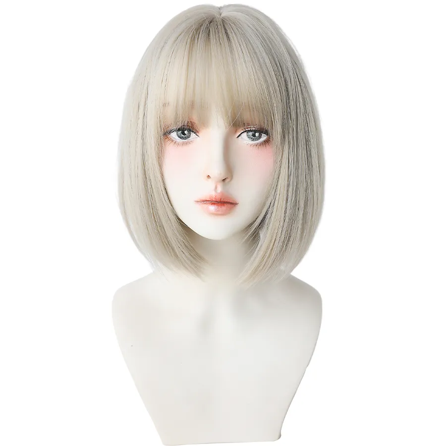 Perruque Courte Droite Blanc Gris - 6