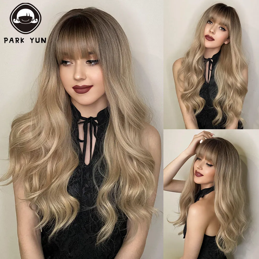 Perruque Blonde Longue Ondulée Naturelle avec Frange